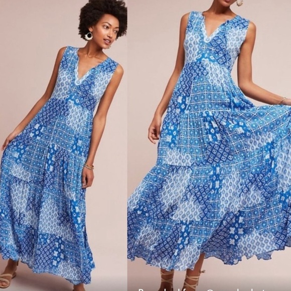 Anthropologie Raga blue white Cloud Nine boho prairie cottage Greek maxi dress - Picture 2 of 10